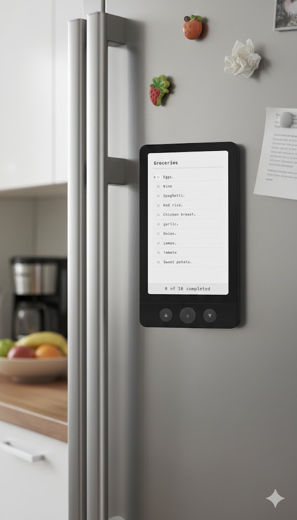 E-ink grocery list on fridge